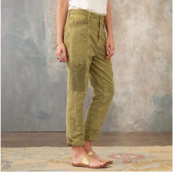 Sundance Femme Voyager Roll Tab Hem Linen Blend Pants Lemon Grass Green Size 14 - Picture 2 of 11